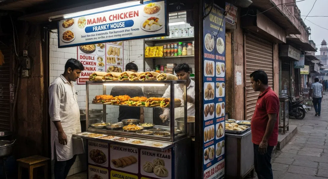 Mama Chicken Mama Franky House on Sadar Bazaar, a late-evening counter with double-chicken franky rolls, seekh kebabs and momos being served