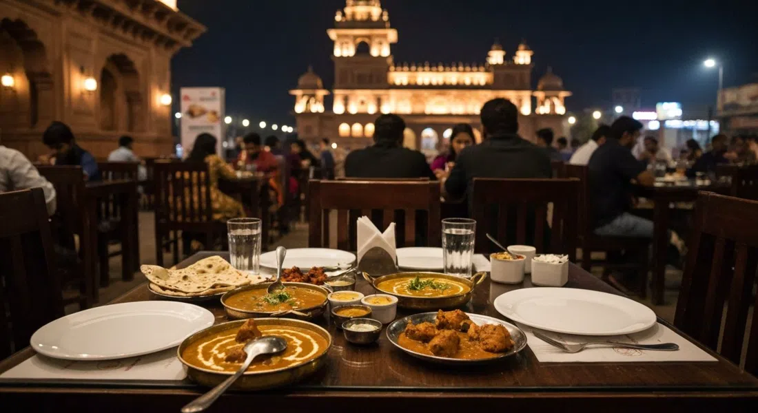 a busy dinner table at Pinch of Spice on Fatehabad Road, rich North Indian curries, butter chicken and naan on a polished restaurant table at night