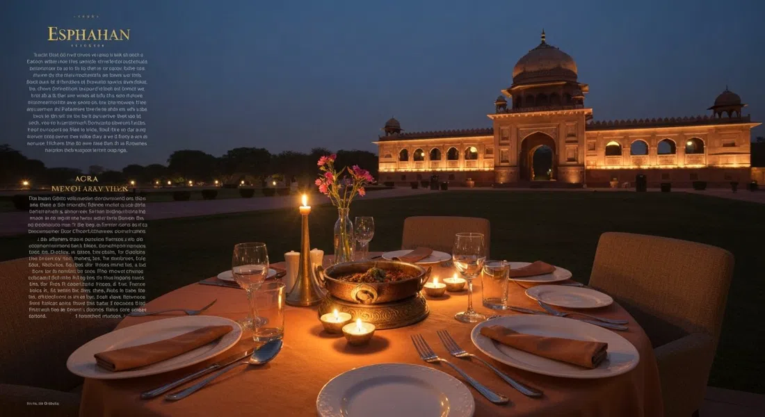 a candlelit table at Esphahan in The Oberoi Amarvilas, Mughal tandoor dishes and dim live-music ambience, elegant evening setting