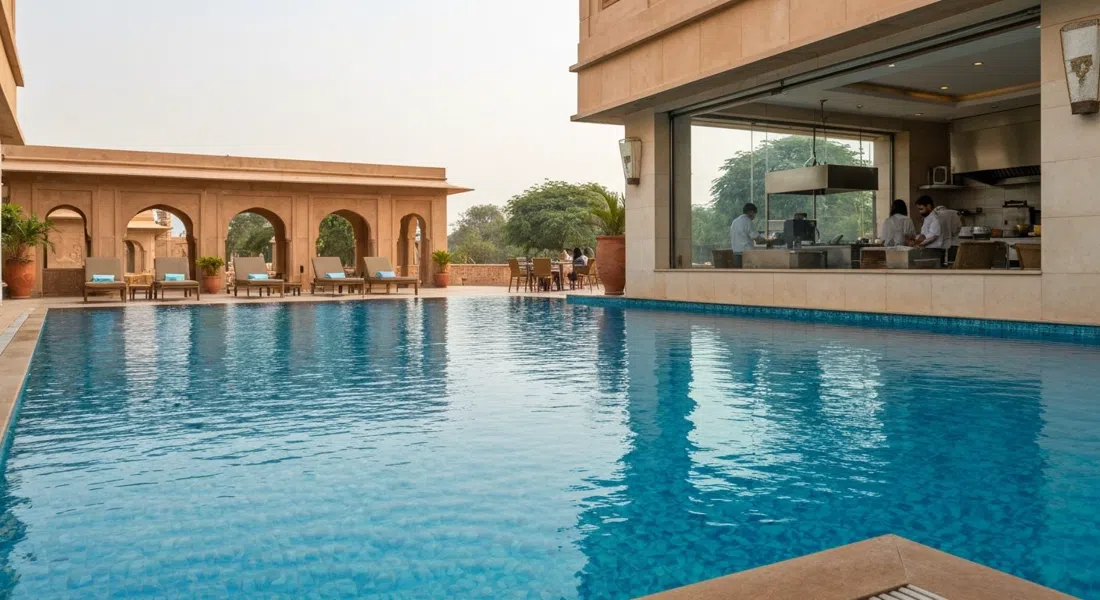 poolside seating at MoMo Café in Courtyard by Marriott, open live kitchen visible through glass, bright daytime hotel dining scene