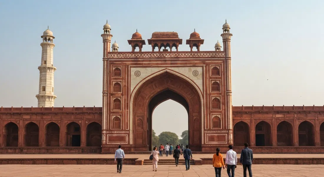 the southern gateway of Akbar's Tomb at Sikandra, Agra, with its huge red-sandstone arch and four white-marble chhatri minarets in crisp morning sun