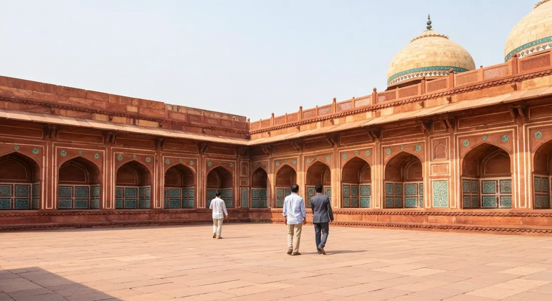Kanch Mahal inside the Akbar's Tomb complex, Sikandra, Agra, showing red sandstone walls and glazed blue-green tilework under bright daylight