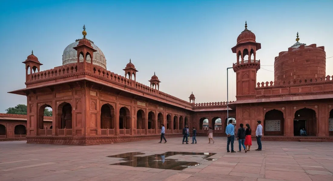 Gurudwara Guru ka Taal in Sikandra, Agra, with its red-sandstone façade and reflective water tank under a clear evening sky