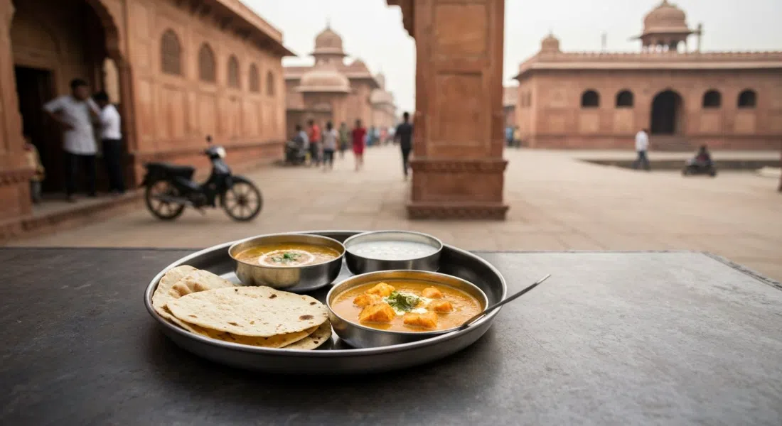 a simple North Indian thali at Bhagwati Dhaba on Mathura Road, Agra, with dal makhani, paneer butter masala, rotis, raita and papad on a steel plate