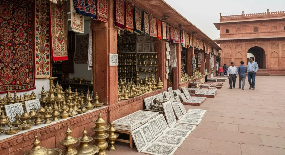 stalls inside Shilpgram craft emporium near the Taj East Gate, with embroidered textiles, brass lamps and marble inlay pieces displayed in open-air daylight