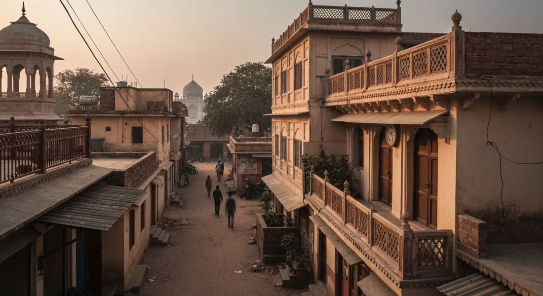 narrow dusty lanes of Taj Ganj at early morning, low-rise guesthouses and rooftop terraces facing the Taj area, with a quiet pre-dawn stillness