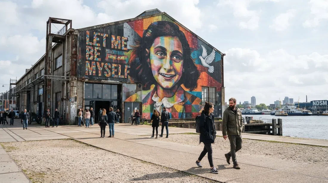 the exterior of STRAAT Museum at NDSM, with Eduardo Kobra’s enormous Anne Frank mural covering the façade under a bright IJ-side sky