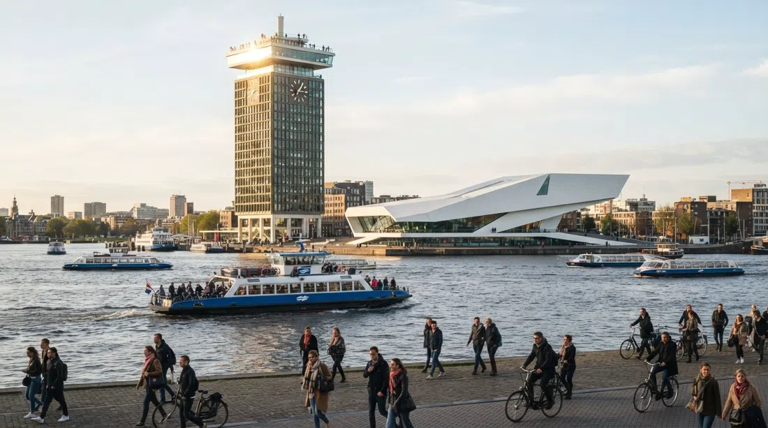 the A'DAM Tower and EYE Filmmuseum facing the IJ at late afternoon, ferries crossing in front and the tower’s rooftop deck catching the light