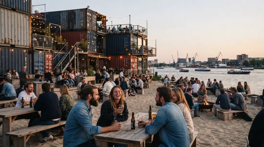 Pllek’s container-built restaurant and sandy man-made beach on the NDSM waterfront, with people sitting outside beside the IJ in soft evening light