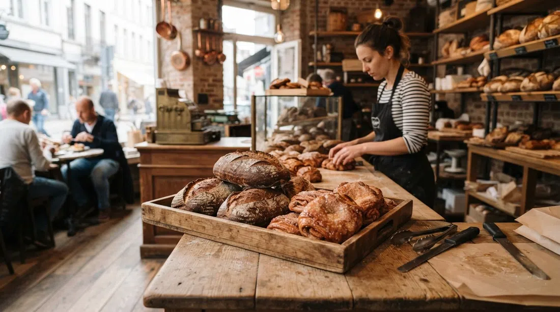 a tray of rye-and-wheat boulot loaves and cinnamon couques at Bakkerij Boulot on Sint-Marcusstraat, warm bread cooling behind the bakery counter