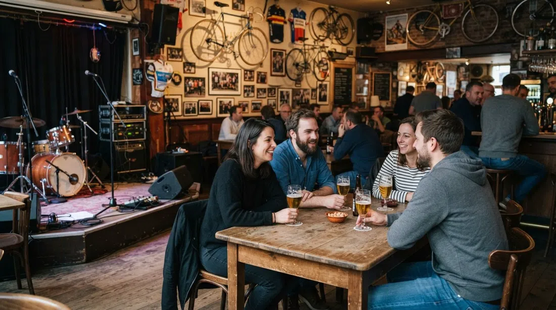 Café Mombasa on Moorkensplein, bicycle memorabilia on the walls, beer glasses on the table and a small live stage ready for a band