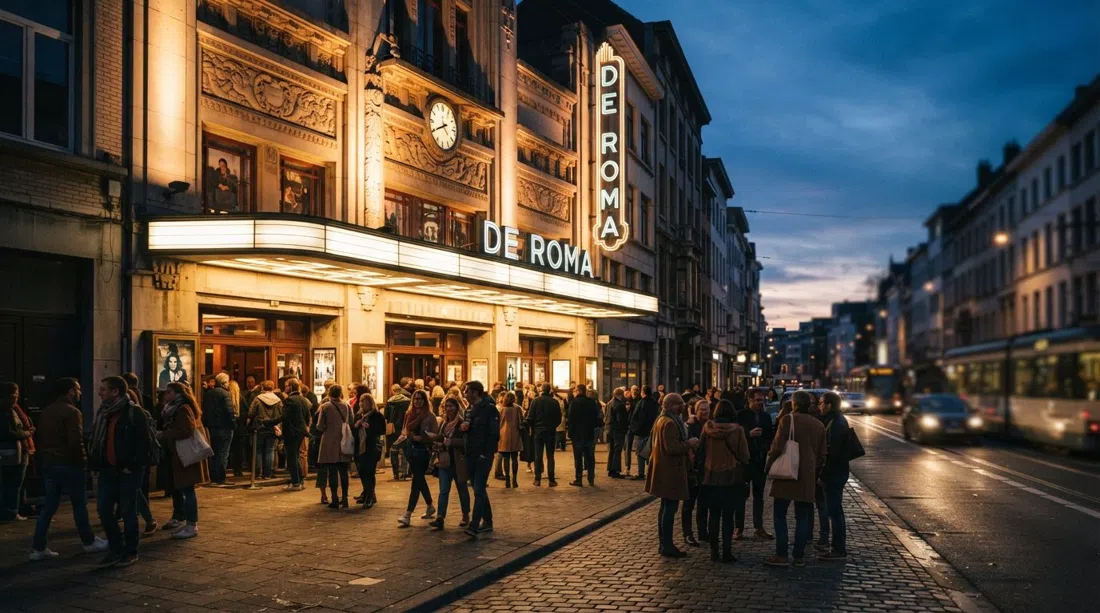 the façade of De Roma on the Turnhoutsebaan at dusk, Art Deco signage glowing before a concert crowd arrives