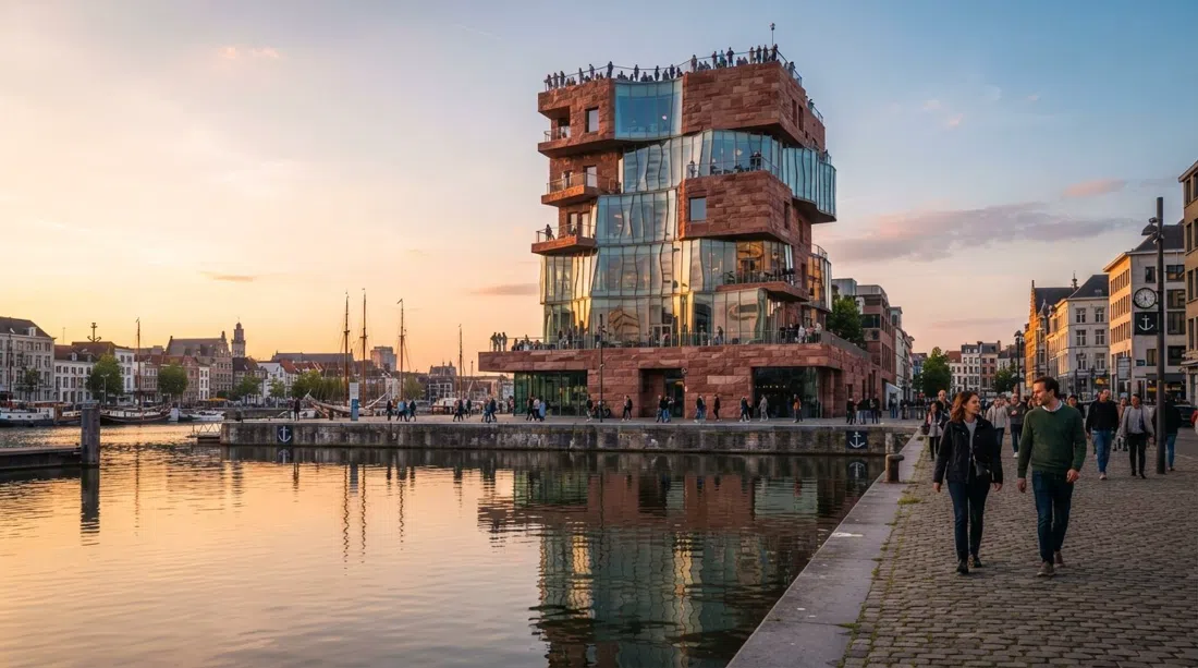 the MAS museum in Antwerp at golden hour, its red sandstone stack and rippling glass facade rising above the docks with the rooftop terrace visible