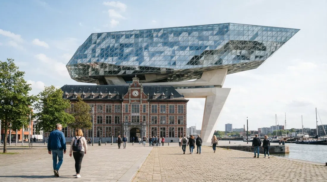 Zaha Hadid's Port House on the Zaha Hadidplein, the faceted glass ship hovering over the restored fire station in bright afternoon light
