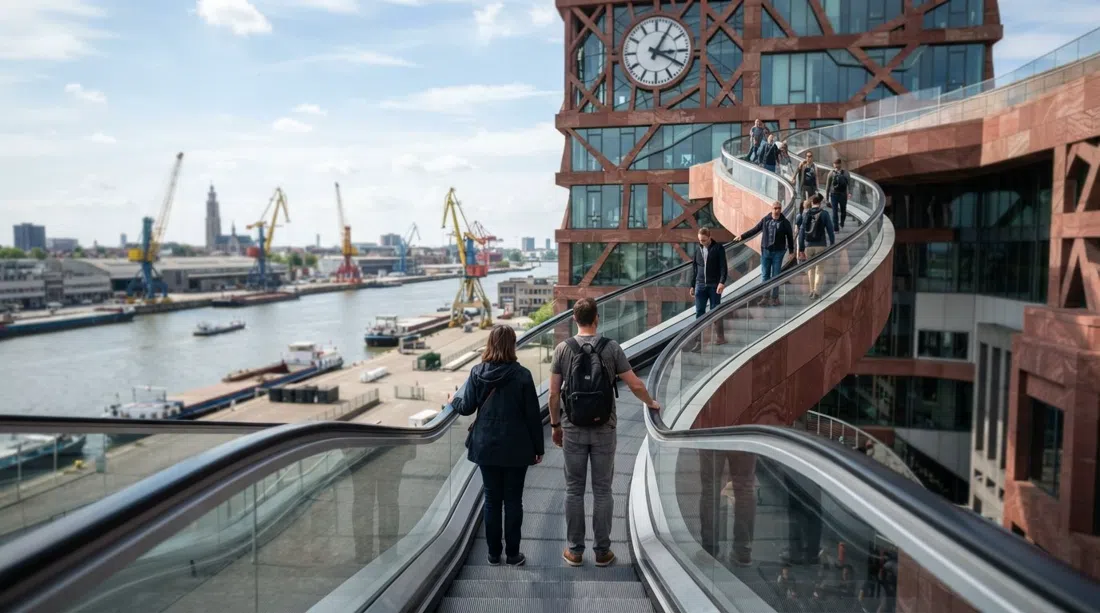 visitors on the MAS outdoor escalator in Antwerp, climbing toward the free rooftop terrace with dock cranes and river views behind them