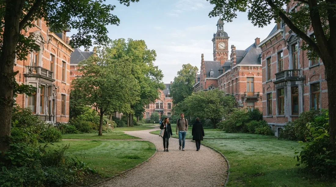 the restored red-brick hospital buildings and tree-lined lawns of Groenkwartier in soft morning light, with a quiet path running between the pavilions