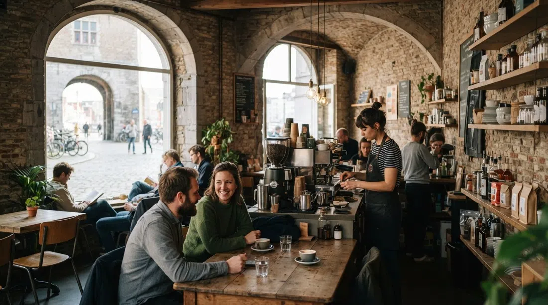 the light-filled interior of Camion & Camionette in the Poortgebouw gatehouse, with daytime coffee service and a calm neighbourhood-café feel