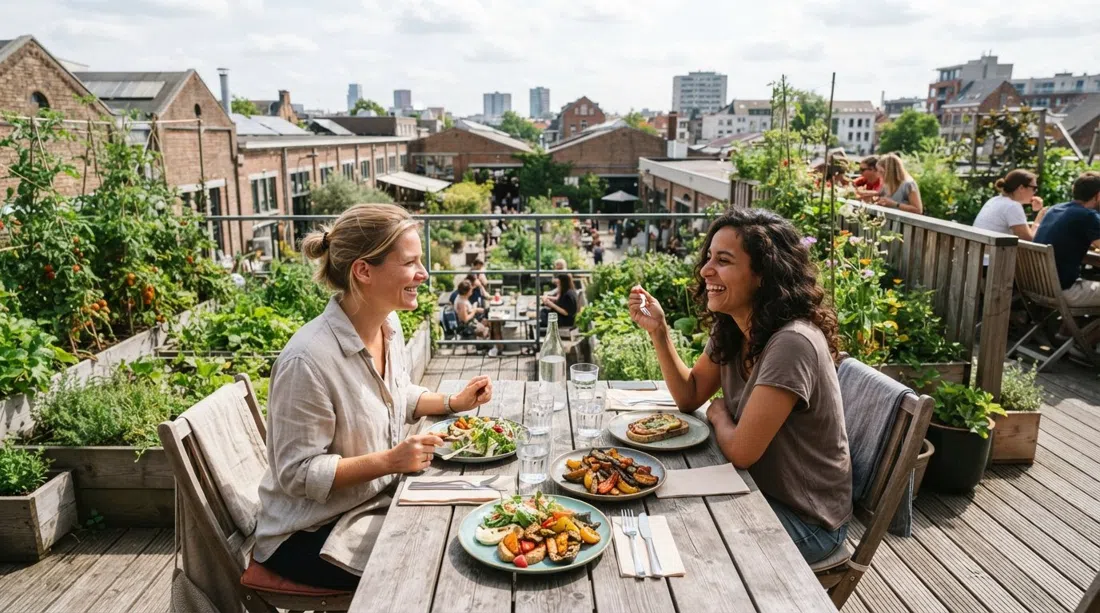 the rooftop-garden-fed terrace at RACINE PAKT, with lunch plates on the table and greenery visible above the warehouse yard