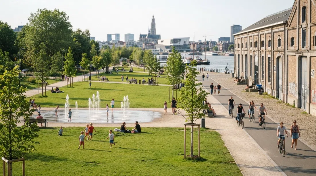 Zuidpark’s wide lawns and newly planted trees on a bright afternoon, with the restored quayside hangar and play fountains in view