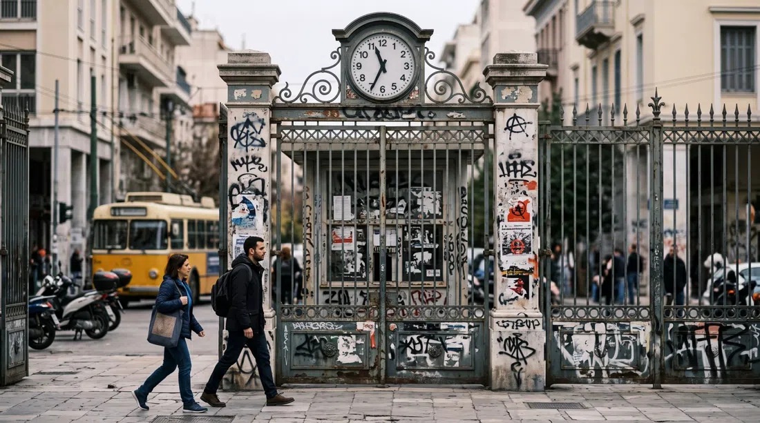 the gates of the Athens Polytechnic in Exarcheia, with layered graffiti and political posters marking the site of the 1973 uprising in flat afternoon light