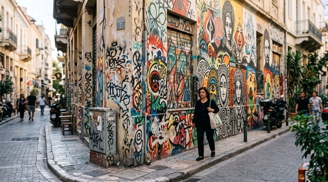 a mural-covered corner on Themistokleous Street in Exarcheia, layered graffiti and political art spanning a narrow sunlit façade
