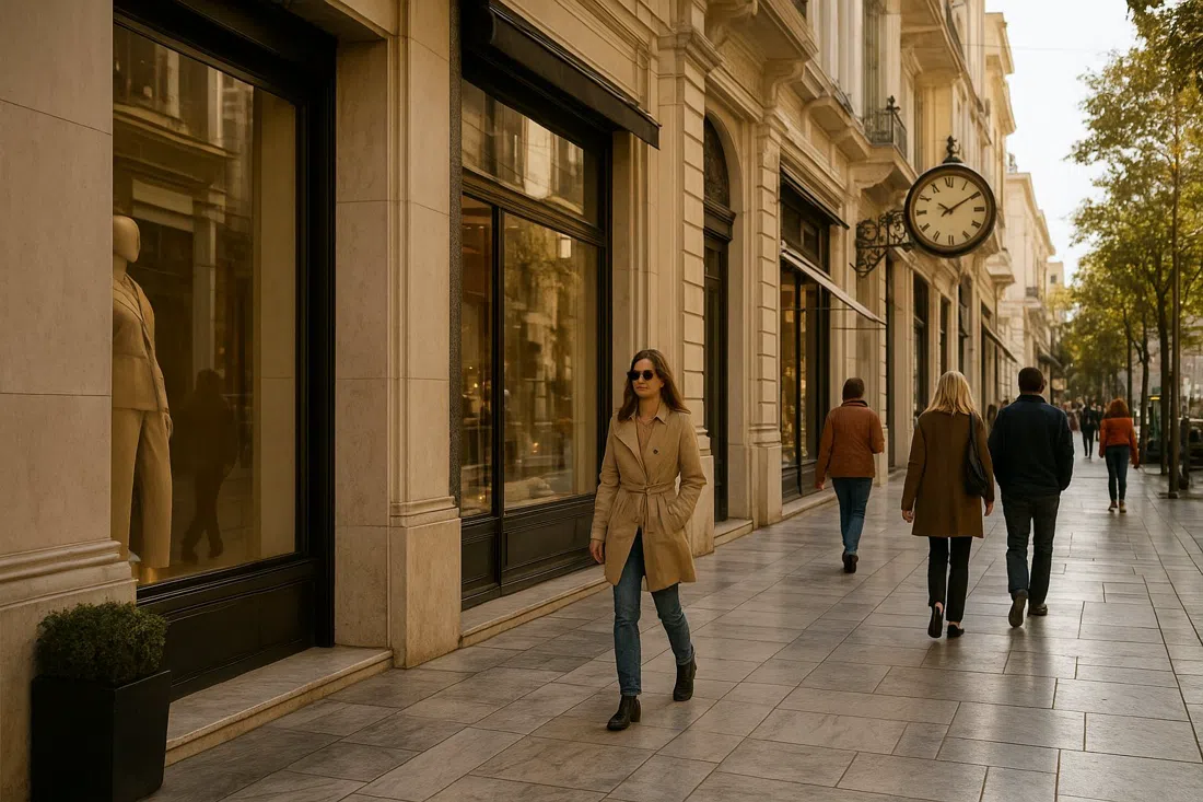 Voukourestiou Street in Kolonaki with luxury storefronts, polished sidewalks and elegant foot traffic in late-afternoon Athens light
