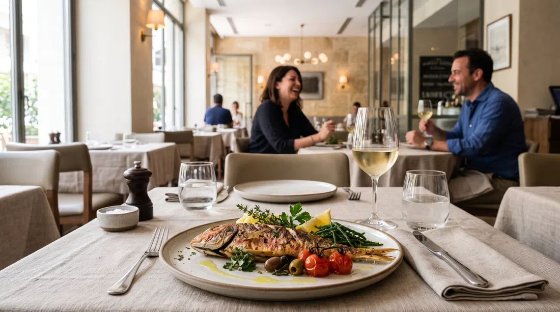 a plate of seasonal seafood at Iodio in Kolonaki, finely arranged fish with modern plating and a clean, elegant dining-room backdrop
