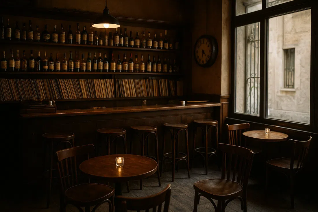 the low-lit interior of Jazz n Jazz on Deinokratous, vinyl records, whisky bottles and intimate tables in a vintage cocktail-bar atmosphere