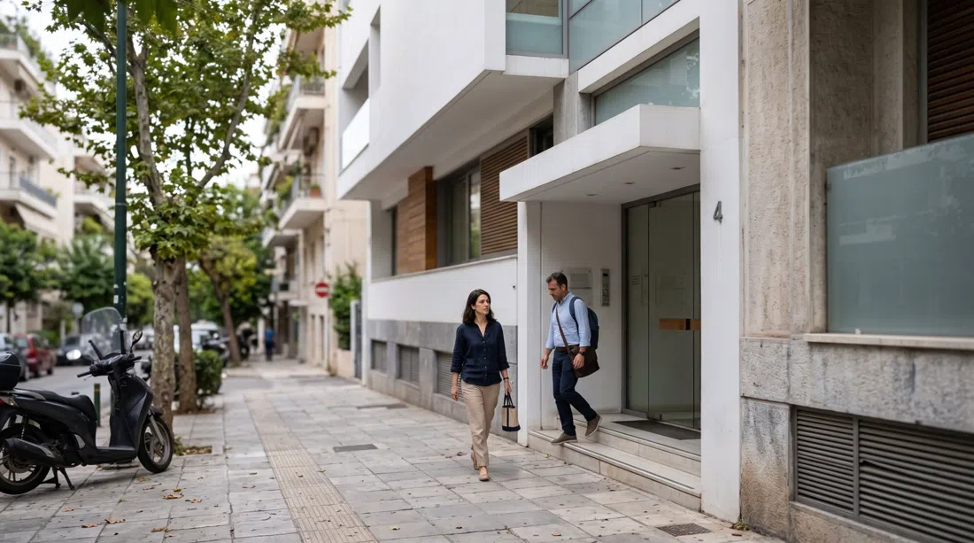 the Museum of Cycladic Art on Neofytou Douka in Kolonaki, modern façade and a quiet entrance scene in soft daylight