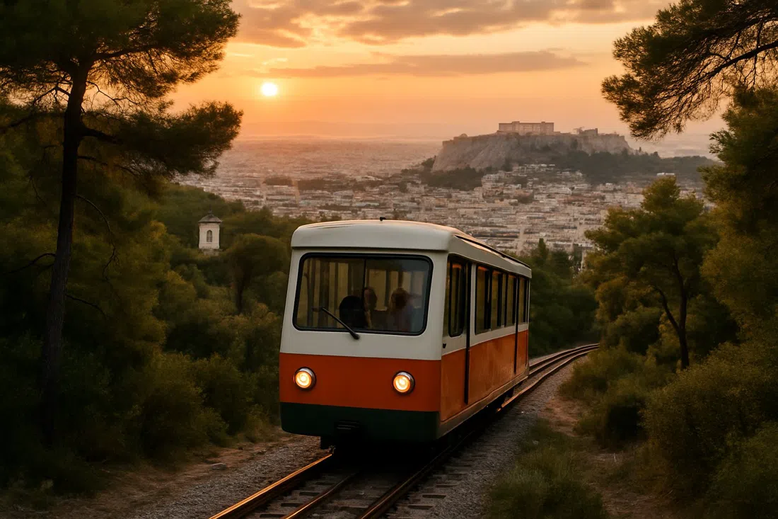 the Mount Lycabettus funicular ascending through pine-covered hillside at sunset, Athens spreading below with the Acropolis visible in the distance
