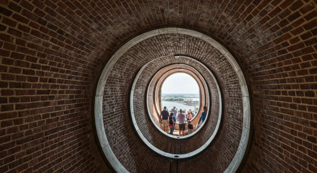 the interior spiral stair of Absecon Lighthouse looking upward through the brick tower, daylight filtering down the narrow staircase