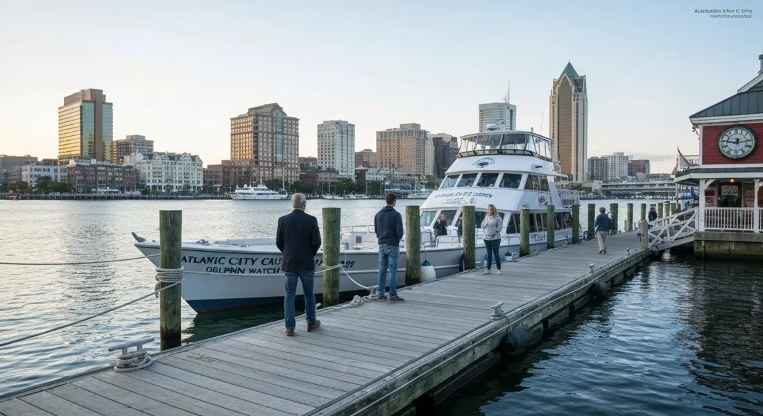 Atlantic City Cruises boat at Gardner’s Basin preparing for a dolphin-watch trip, dock lines, open water and the basin skyline in soft morning light