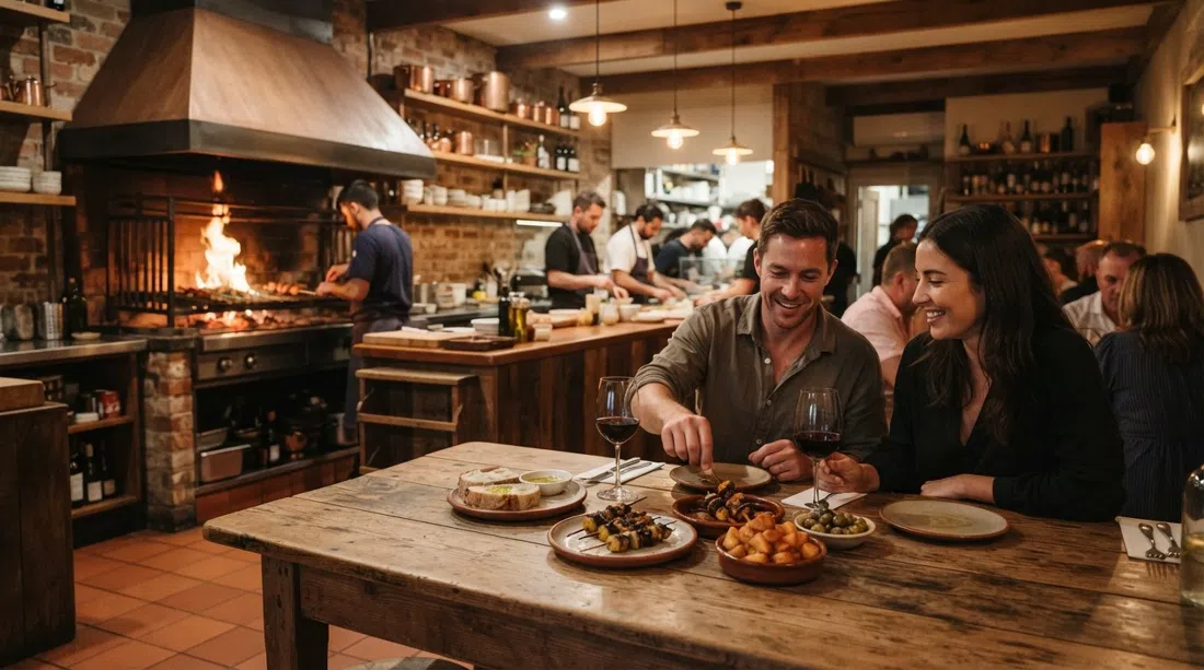 Alma’s open wood fire glowing in the dining room, charred skewers and small plates of Andalusian food on a warmly lit table