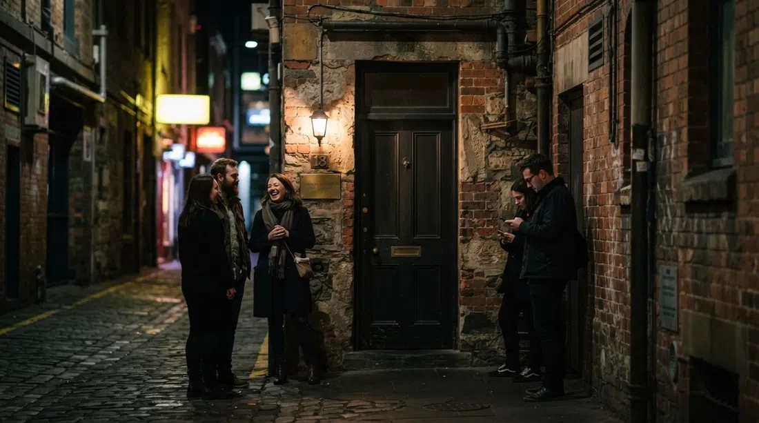 Caretaker’s moody Roukai Lane entrance at night, discreet doorway, low light and a small crowd gathering outside