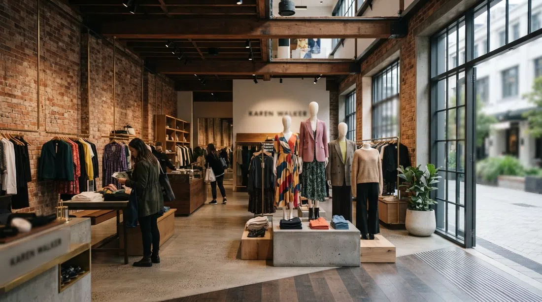 the Karen Walker flagship on the ground floor of Hotel Britomart, with fashion displays framed by heritage brick and timber