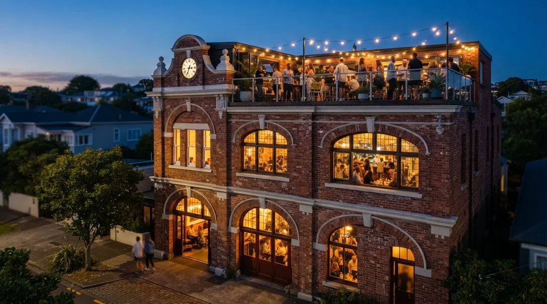 the restored 1889 Grey Lynn Firehouse brick station at dusk, with the rooftop deck and warm interior lights visible through the windows