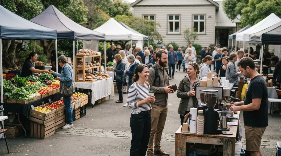 the Grey Lynn Farmers Market at the Grey Lynn Community Centre on a Sunday morning, with produce stalls, bread and people queuing for coffee