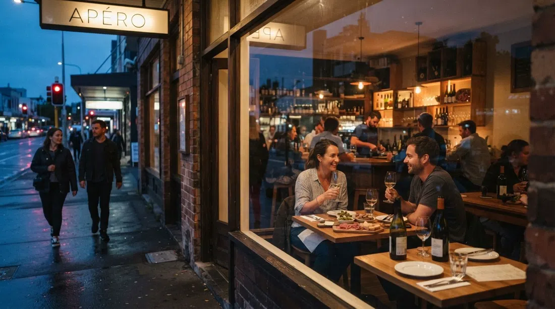 Apéro on Karangahape Road at dusk, warm interior light glowing through the windows with wine glasses and small plates on tables inside