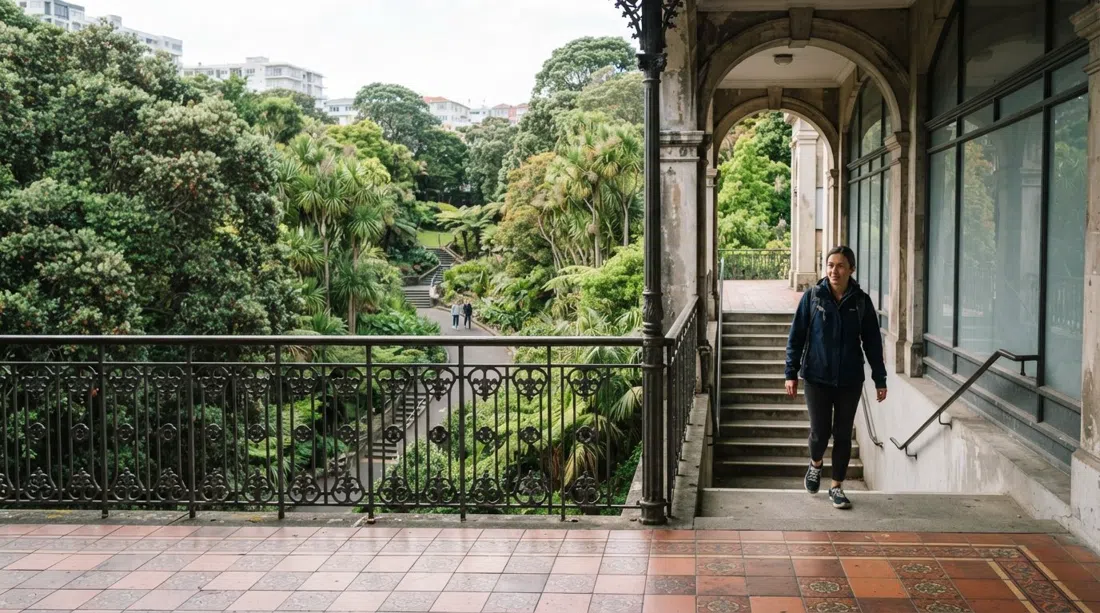 the entrance to Myers Park from St Kevin’s Arcade, leafy gully greenery dropping away below the arcade on a calm Auckland afternoon
