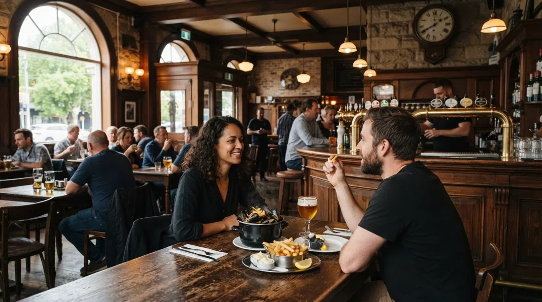 the warm interior of De Post Belgian Beer Café in the old Mt Eden post office, with Belgian beer taps, timber details and a plate of moules-frites on the table