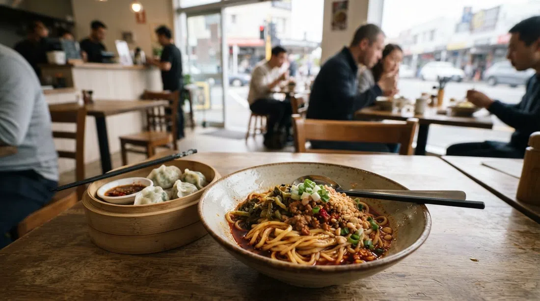 a bowl of Sichuan dandan noodles at Eden Noodles Cafe on Dominion Road, glossy noodles, chilli oil and dumplings in a simple bright restaurant setting