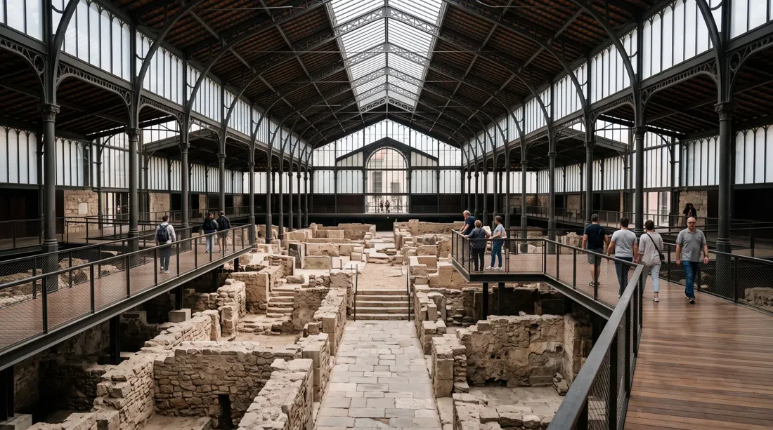 the iron-and-glass roof of El Born Centre de Cultura i Memòria above the archaeological ruins, with raised walkways and the exposed old streets below