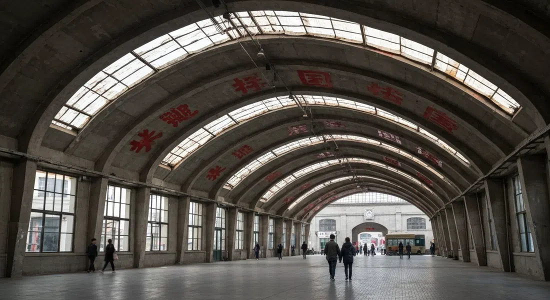 the sawtooth roofline and arched concrete ceiling of a converted 798 factory hall in Beijing, with faded red Maoist slogans still visible overhead
