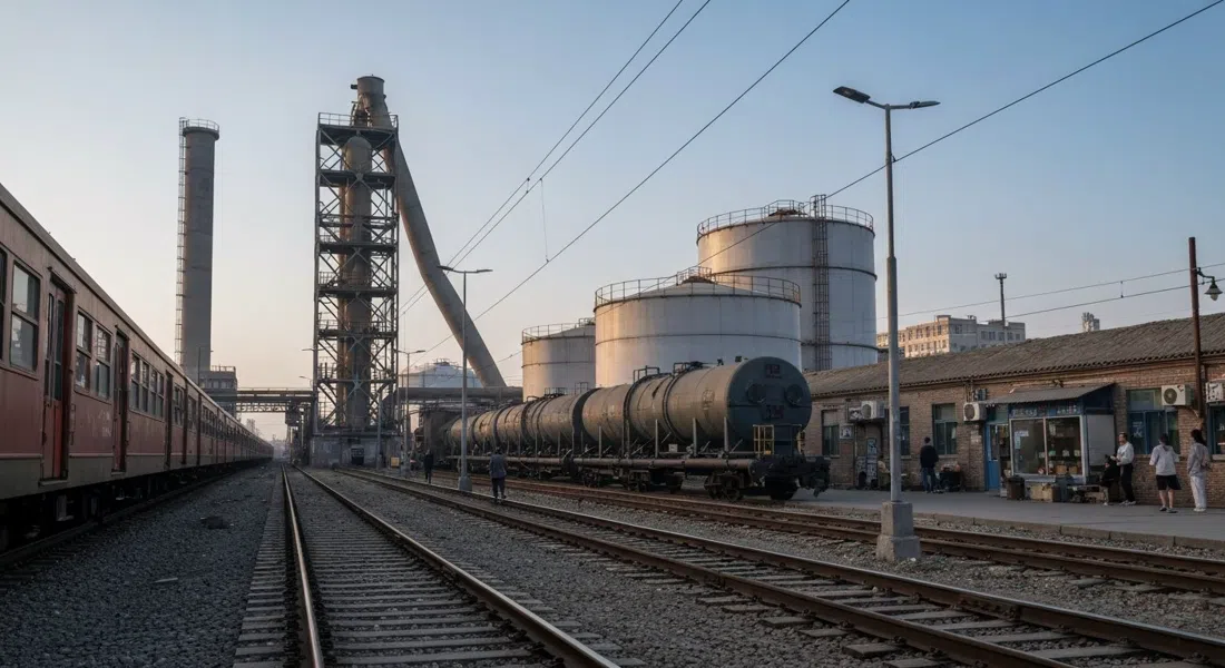 the old railway, desulfurisation tower and gas tanks of adjacent 751 D·Park in Beijing, shot as an industrial photo backdrop in soft afternoon light