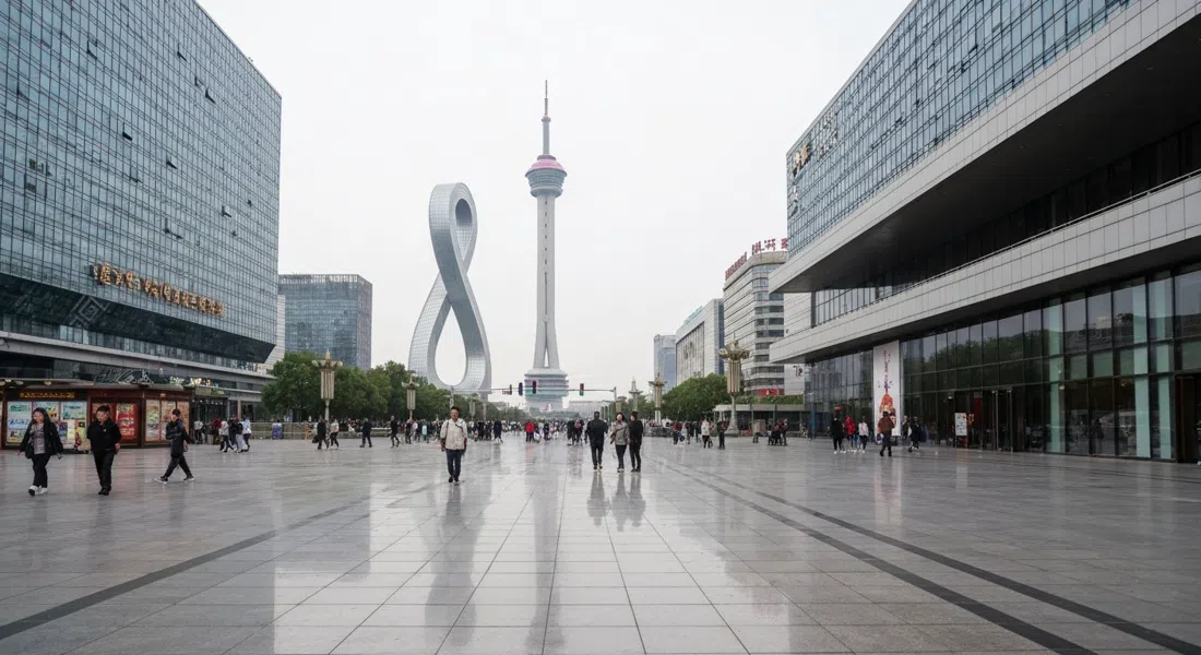 the CCTV Headquarters framed from the China World Mall plaza at street level, with reflective paving, pedestrians and the loop tower filling the composition