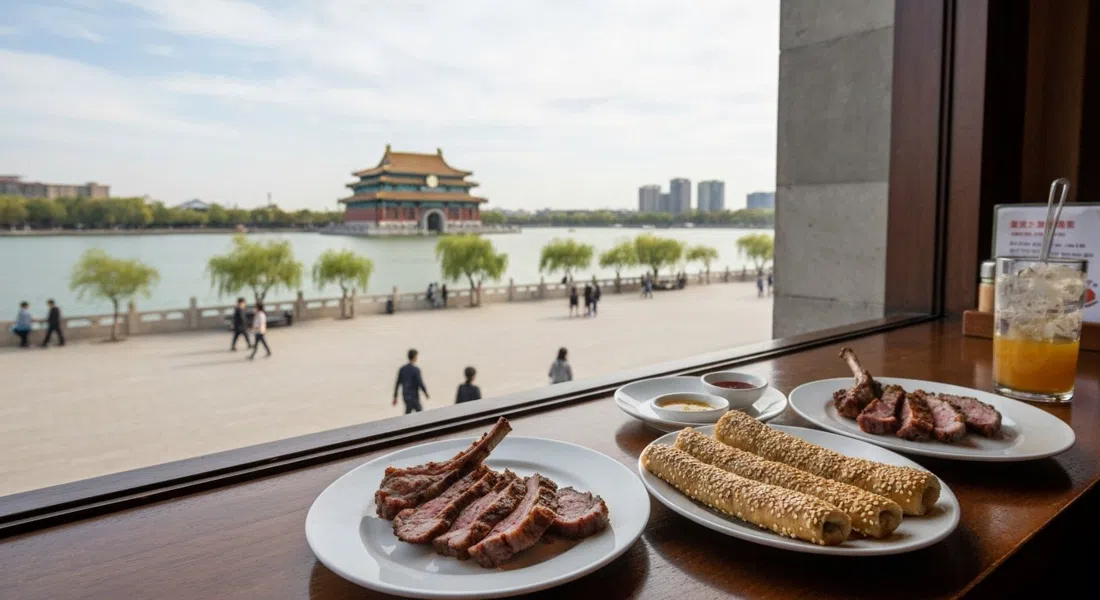 upstairs window table at Kao Rou Ji overlooking Qianhai, plates of sliced grilled lamb and sesame shaobing beside the lake on a bright day