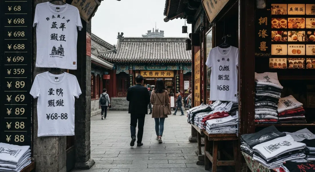 Plastered 8 T-shirts on Nanluoguxiang, folded tees printed with old Beijing icons and price tags around ¥68–88