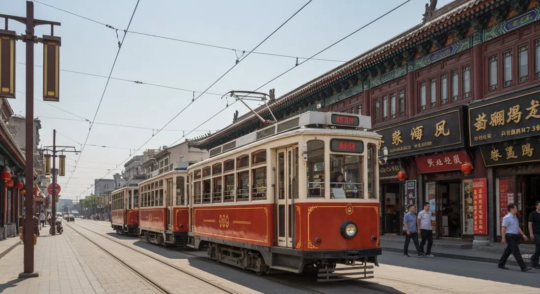 the restored dang-dang heritage tram rolling along Qianmen Street beneath late-Qing-style shopfronts in bright daytime light
