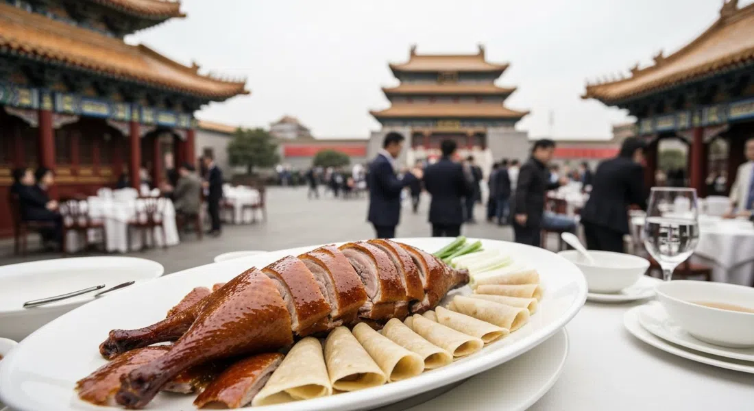 a carved Peking duck platter at Quanjude on Qianmen Street, glossy skin and pancake wrappers arranged on a formal table setting