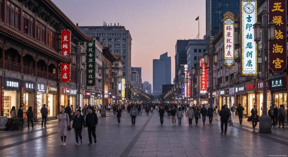 Wangfujing pedestrian avenue at dusk, bright shopfronts and dense evening foot traffic stretching north through central Beijing